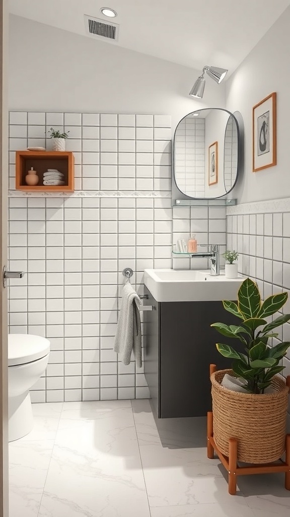 A small bathroom featuring space-saving furniture, including a compact vanity and floating shelves.