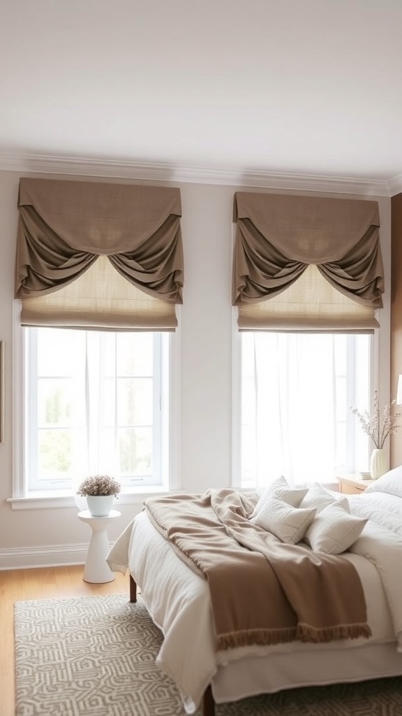Modern bedroom with stylish window treatments and neutral decor.
