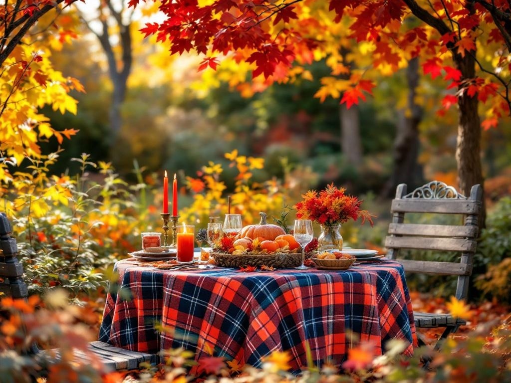 A beautifully set outdoor Thanksgiving table with a plaid tablecloth, surrounded by colorful autumn leaves.