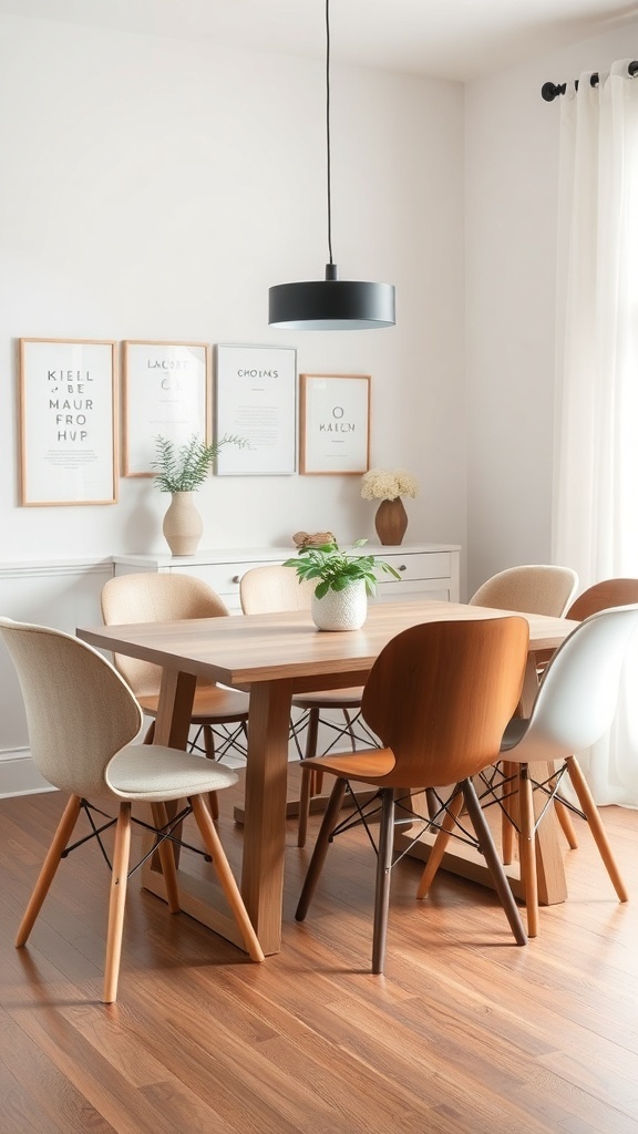 A modern farmhouse dining table surrounded by various stylish chairs.