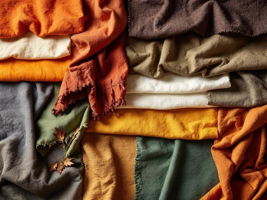 An assortment of fabrics in warm autumn colors for Thanksgiving tablecloths.