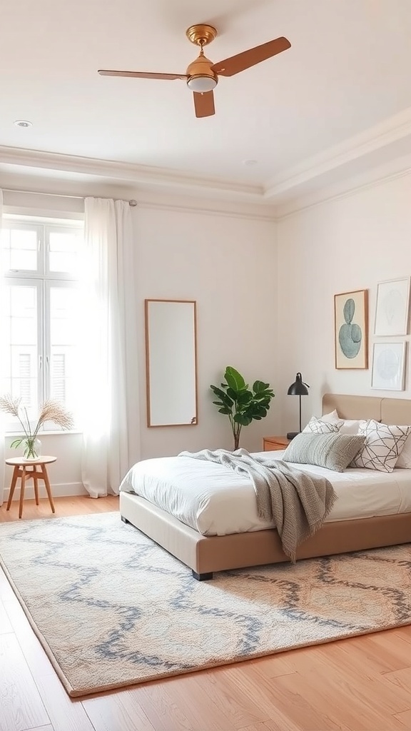 A neutral teen girl bedroom featuring a soft area rug, a bed with cozy bedding, and a plant by the window.