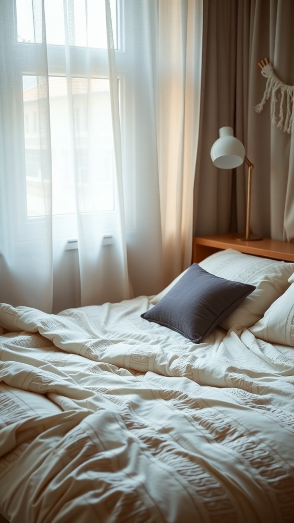 A cozy bedroom with soft bedding and a pillow on a neatly made bed, illuminated by natural light from a window.