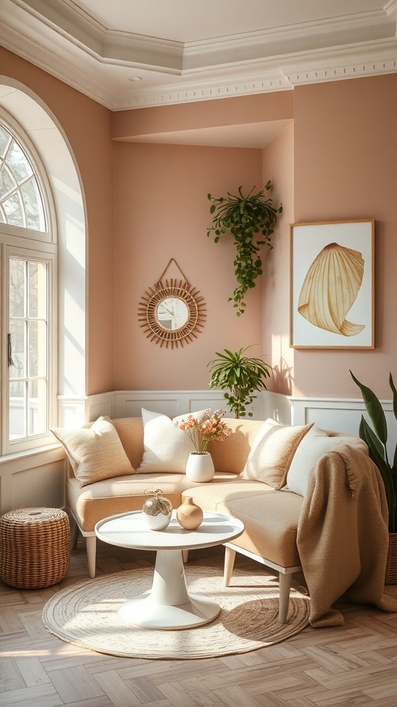 Cozy coffee nook with soft colors and plants.