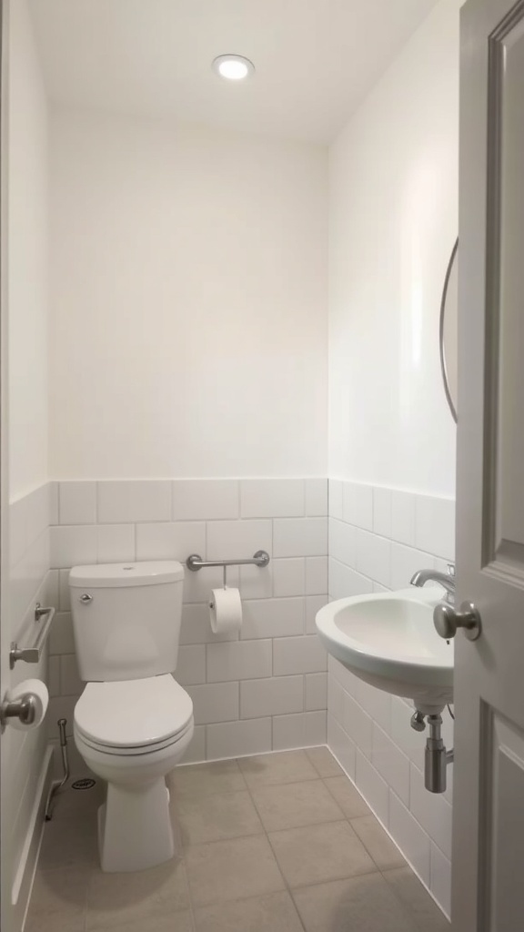 A small bathroom featuring white walls and tiles, a toilet, and a sink.