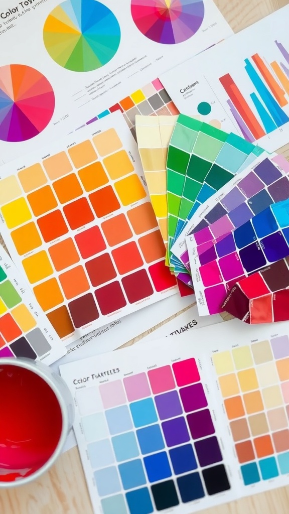 A collection of color palettes and swatches laid out on a wooden surface, showcasing various colors and shades.