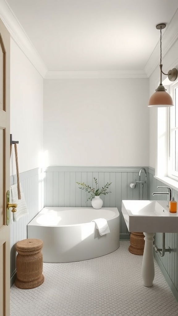 A modern bathroom featuring light walls, blue paneling, a white bathtub, and a stylish sink.