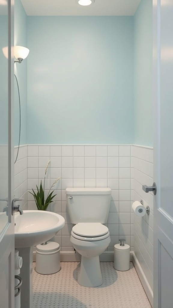 A small bathroom with light blue walls and white tiles.