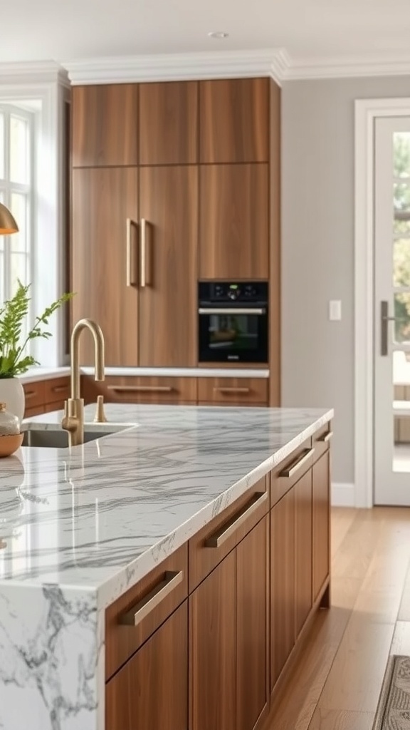 A modern kitchen peninsula featuring a marble countertop and wooden cabinetry.