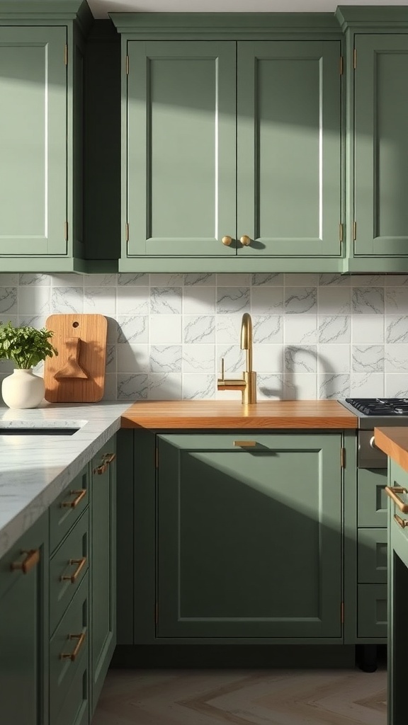 A sage green farmhouse kitchen with wooden countertops and gold hardware.