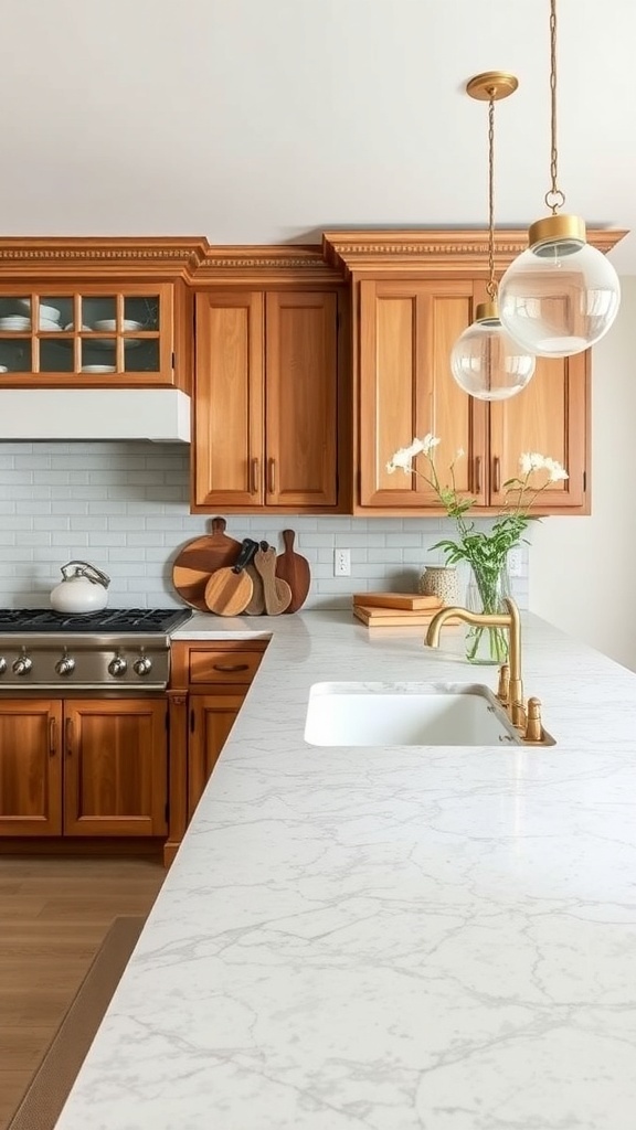 Farmhouse kitchen with wooden cabinets and marble countertops.