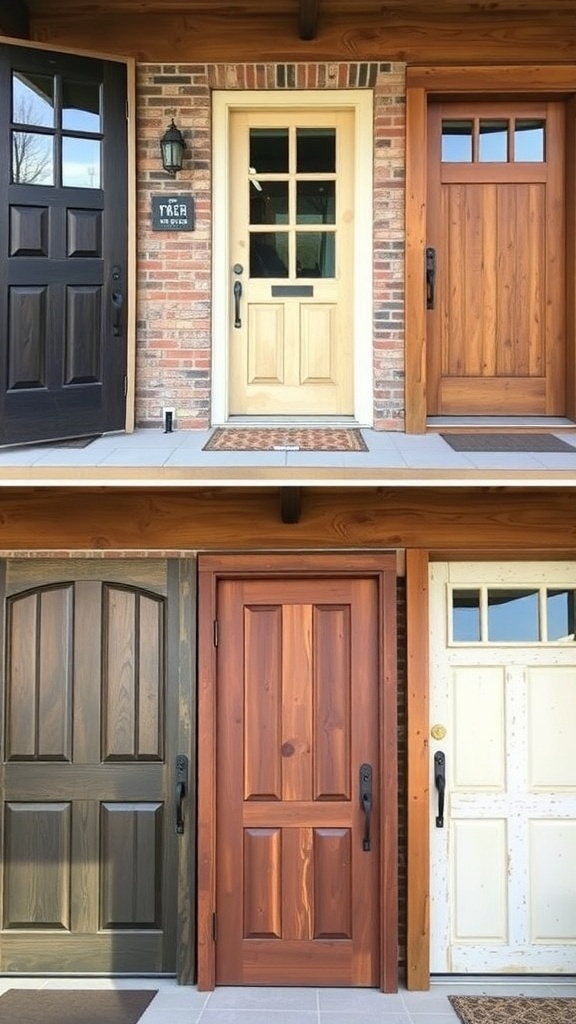 A collection of rustic front doors in various styles and colors.