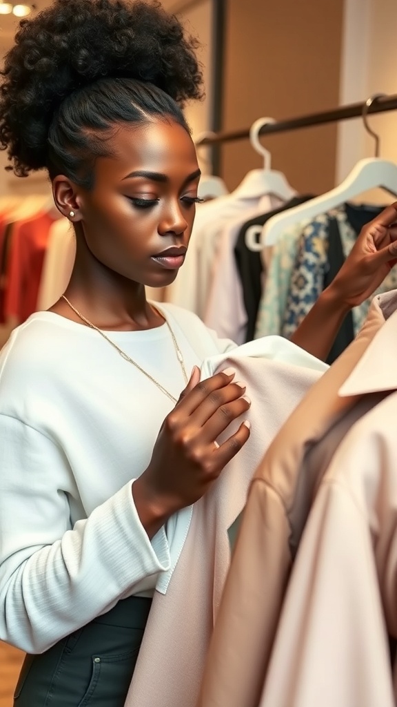 A black woman with natural hair examining clothing in a boutique, showcasing her focus on fabric selection for business casual outfits.