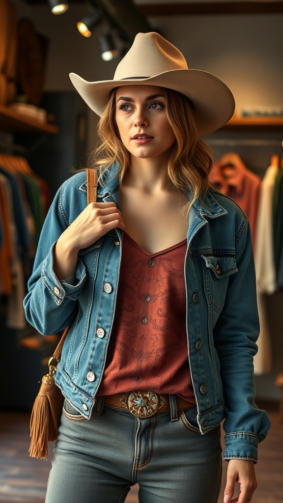 A woman in a denim jacket and wide-brimmed hat, showcasing a western chic outfit.