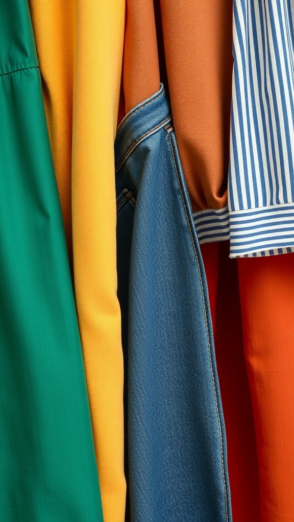 Colorful fabrics hanging together, showcasing a variety of textures and styles.