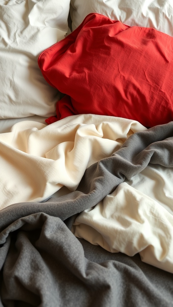 Cozy bedding with a mix of soft fabrics in neutral and red colors.