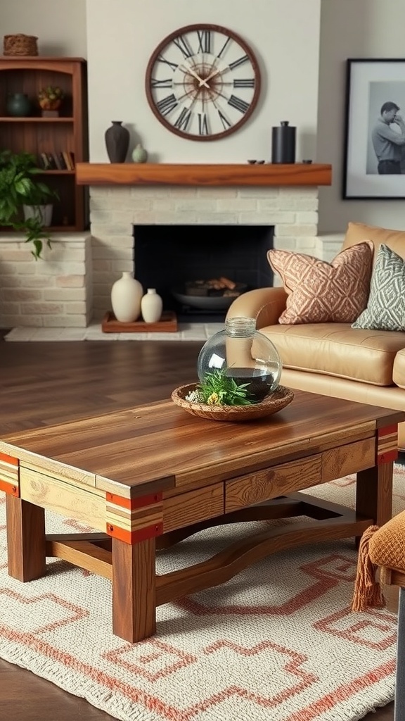 A rustic coffee table with a natural wood finish, surrounded by a cozy living room setting.