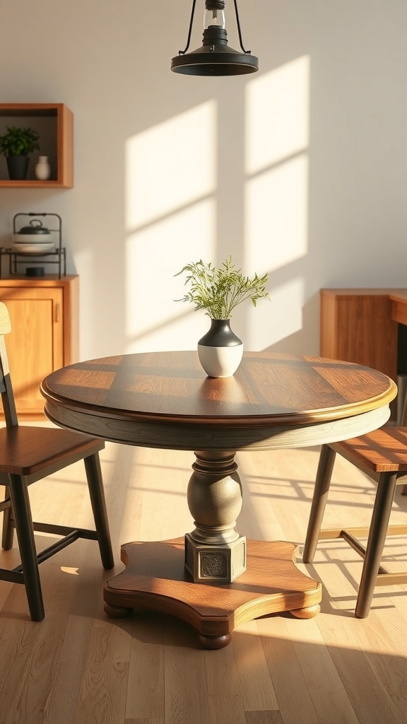 Round farmhouse kitchen table with different wood finishes