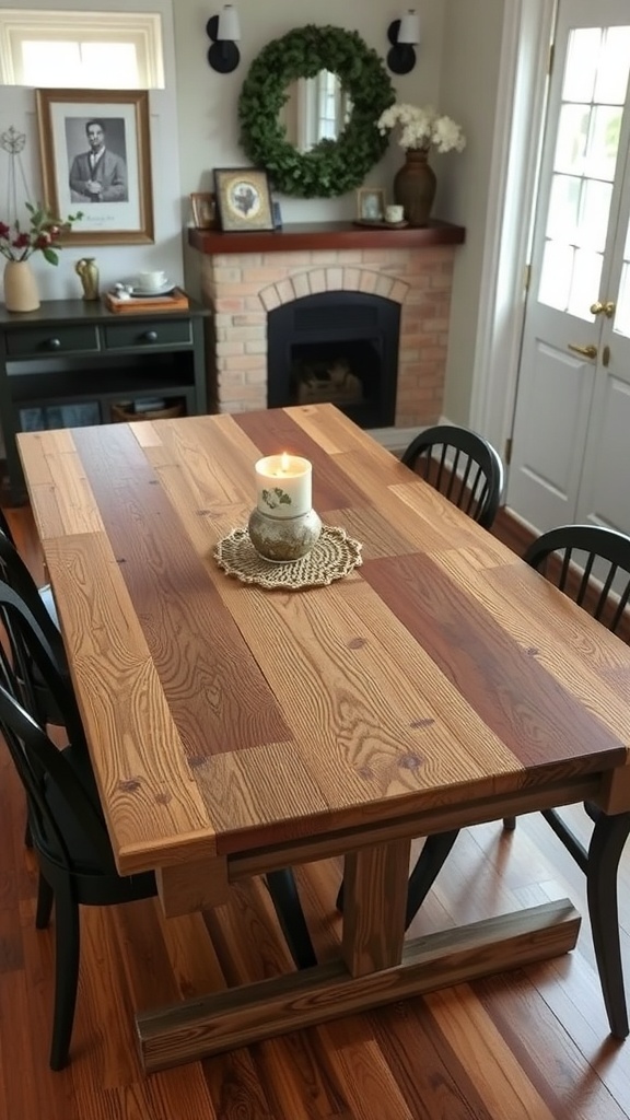 A rustic farmhouse dining table with a candle centerpiece, surrounded by black chairs.