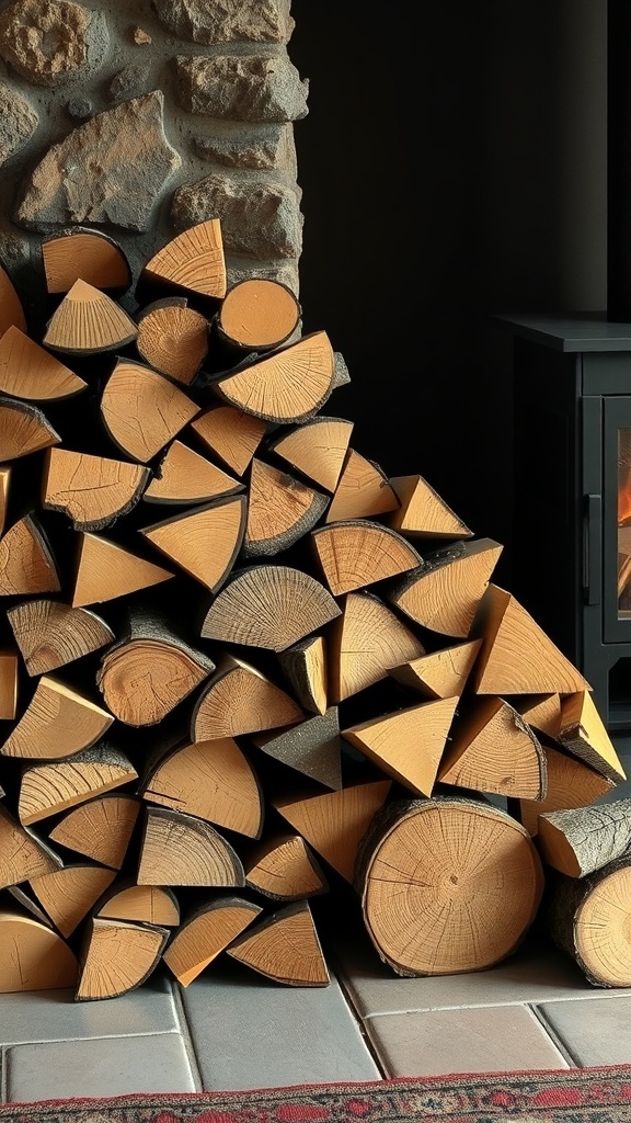 A neatly stacked pile of firewood next to a fireplace.