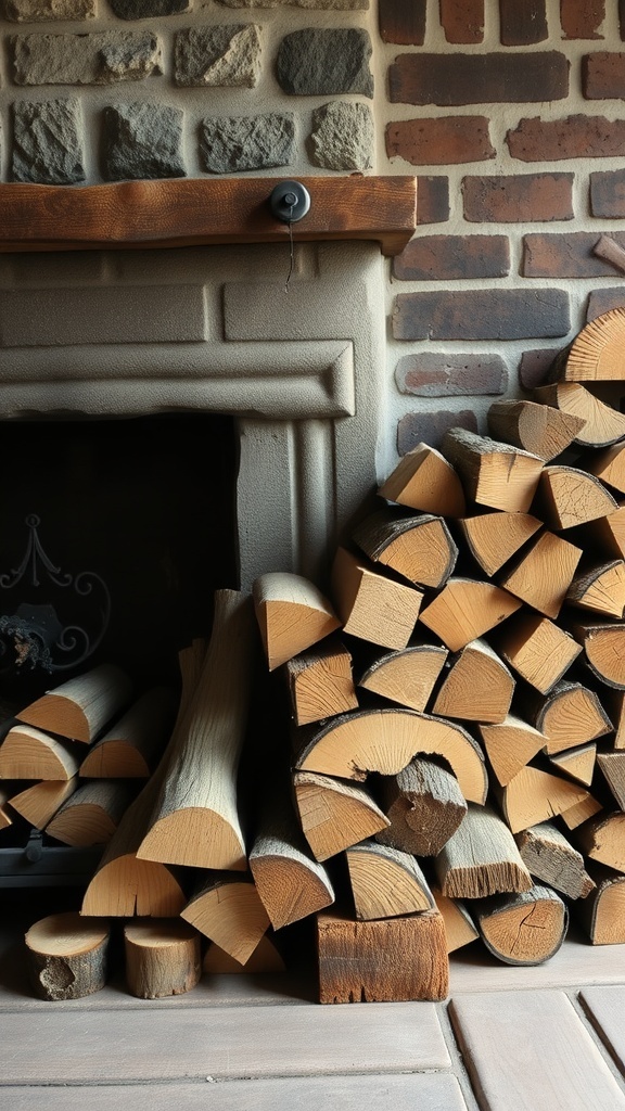 A rustic farmhouse fireplace with neatly stacked firewood beside it.