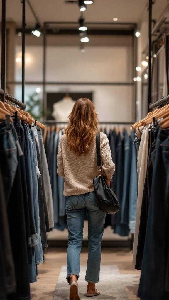 A woman with long hair browsing through a collection of jeans in a stylish store.