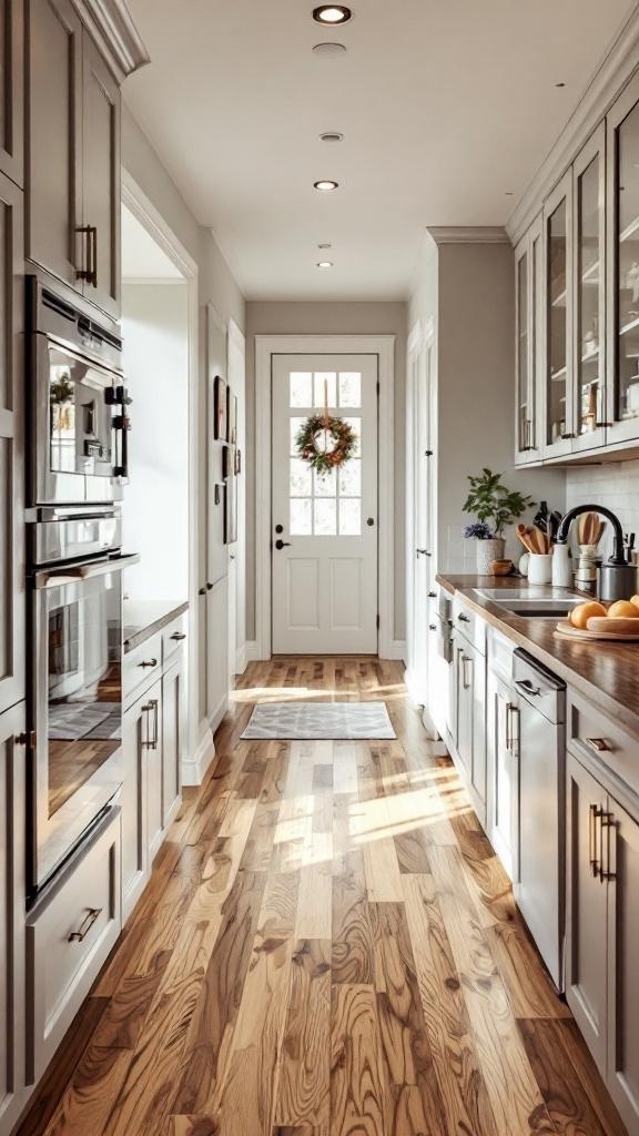 A modern galley kitchen featuring hardwood flooring, cabinets, and a door with a wreath.