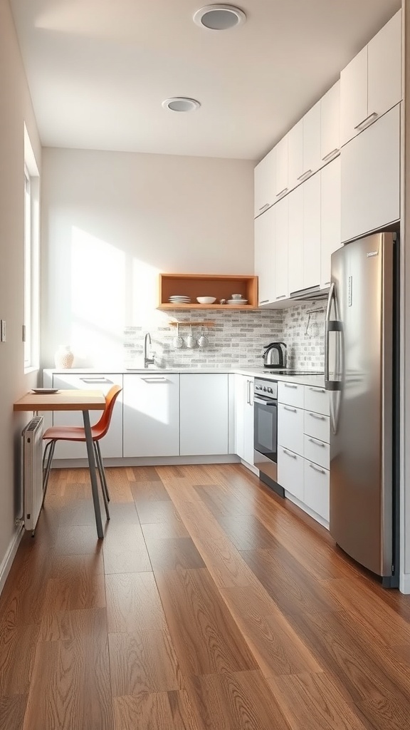 A modern apartment kitchen with wooden flooring, white cabinets, and a small dining area.