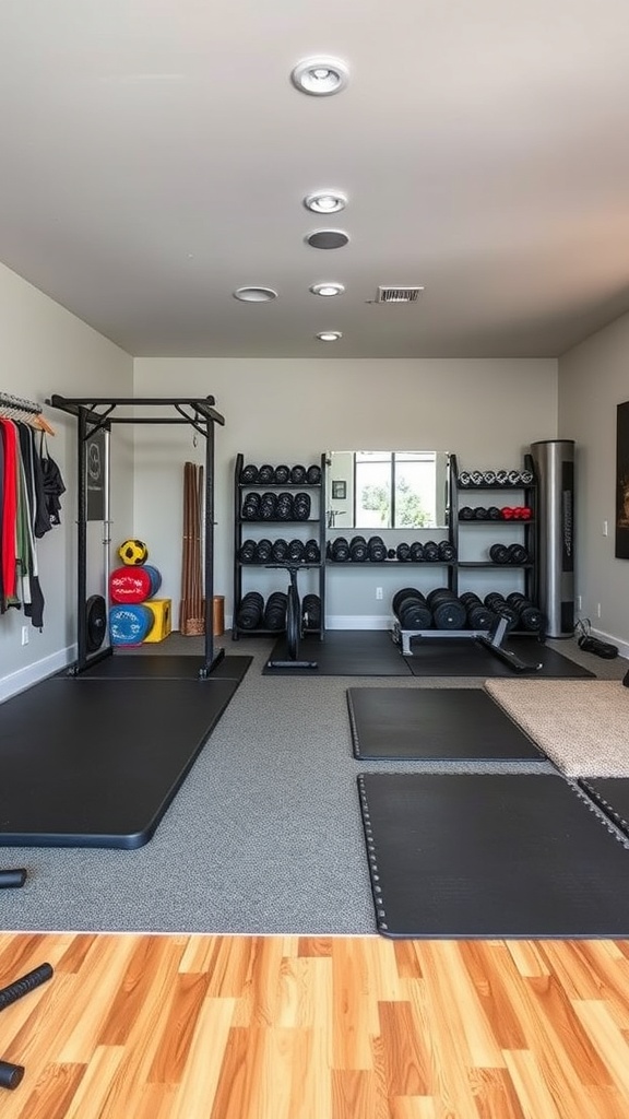 A home gym featuring rubber mats, wood-like flooring, and organized workout equipment.