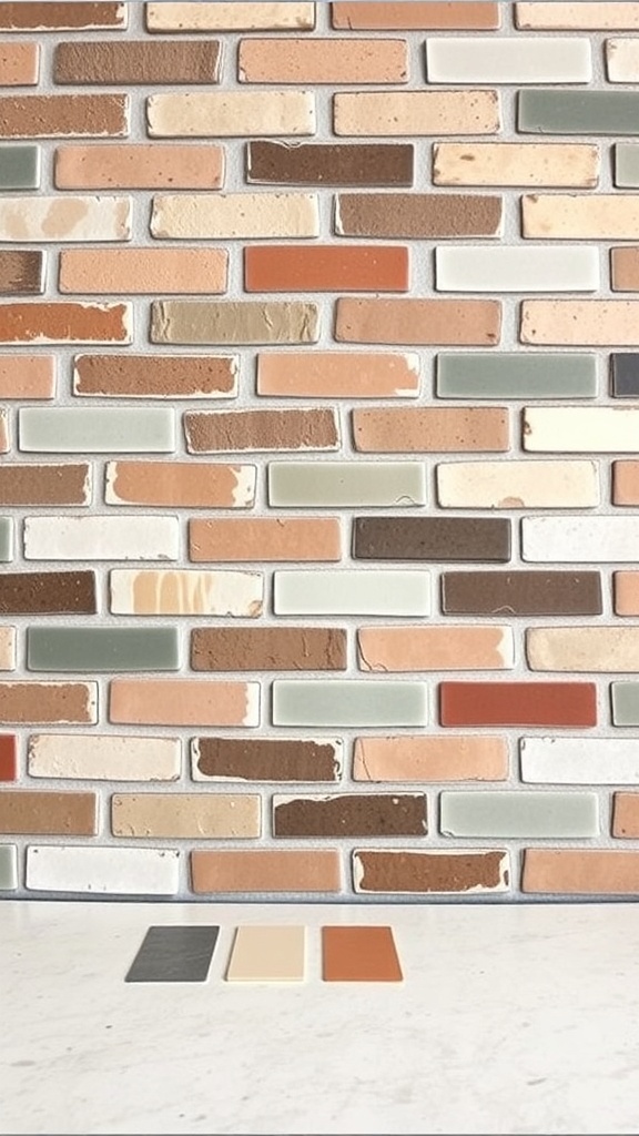 A farmhouse kitchen brick backsplash with grout color samples.