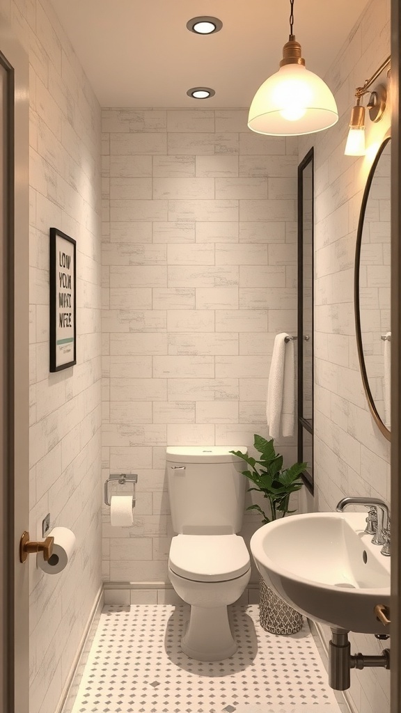A small bathroom featuring recessed lights and a pendant light, with modern fixtures and a plant.