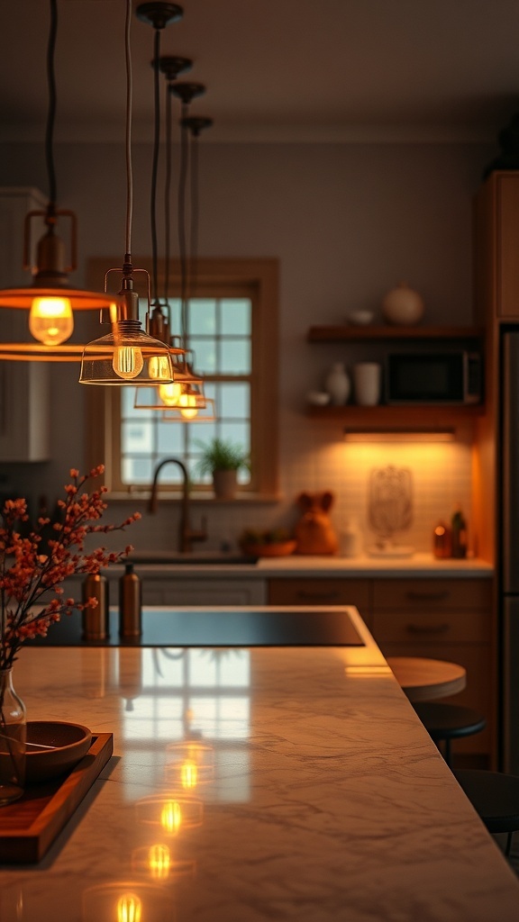 Stylish kitchen countertop with pendant lighting and decorative elements.