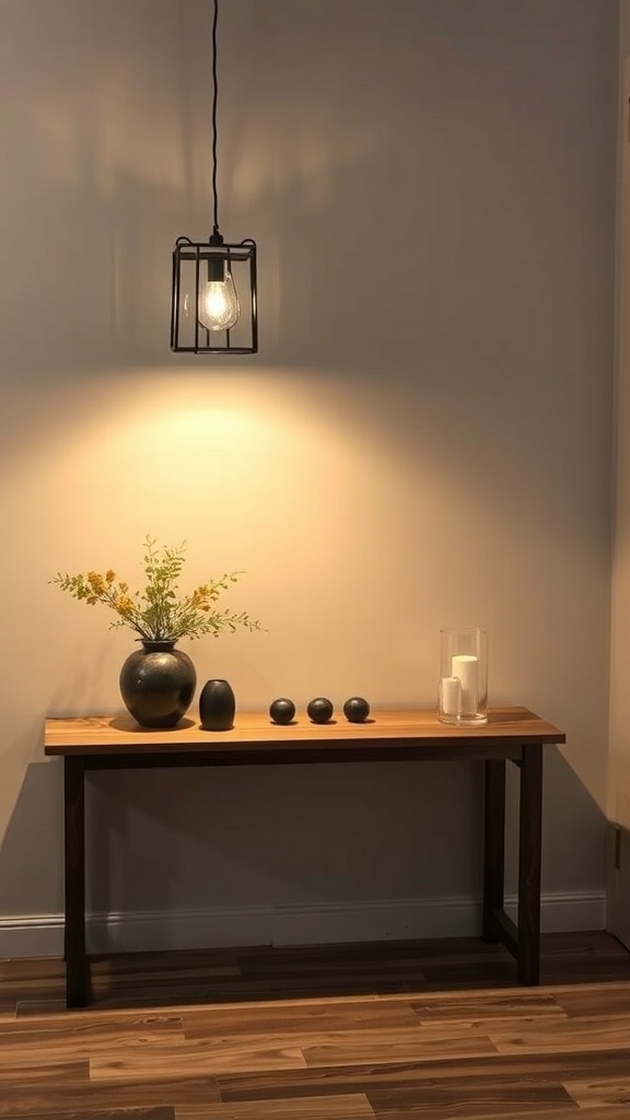 Rustic entryway table with a pendant light and decorative items