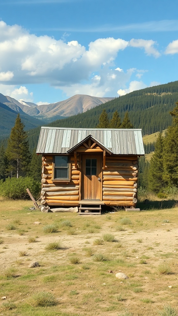 A rustic tiny house surrounded by mountains and trees.