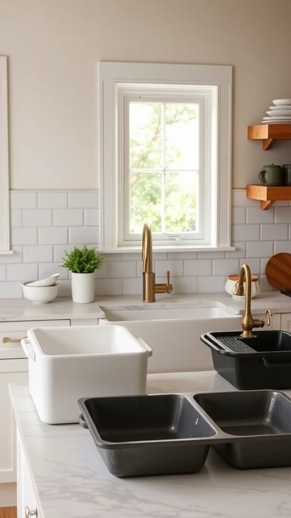 A modern kitchen featuring a farmhouse sink with various containers on the countertop.