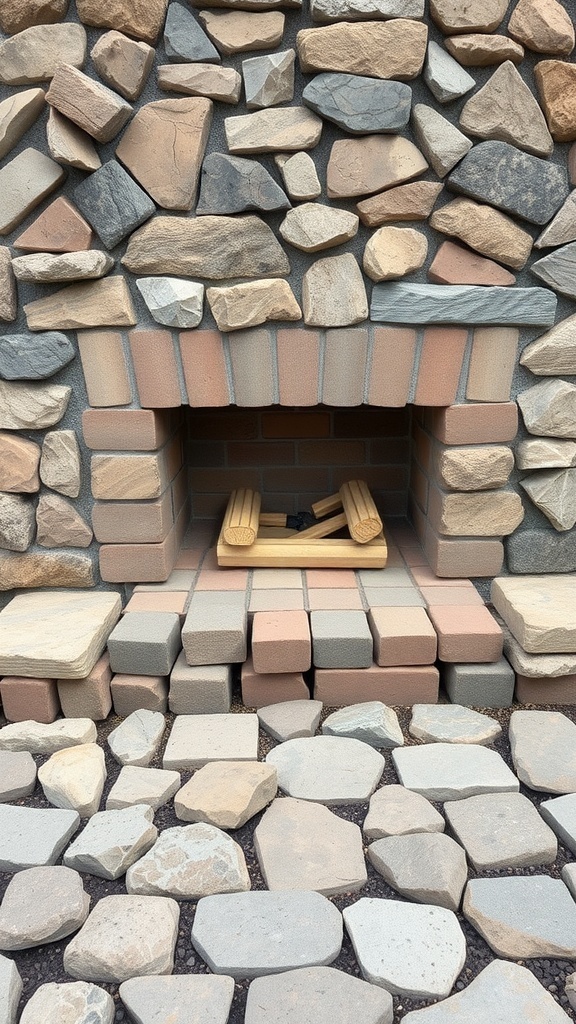 A rustic outdoor fireplace made of various stones and bricks.