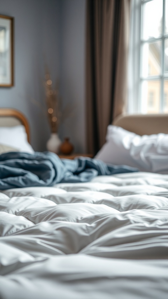 A close-up view of a cozy mattress with a soft comforter, set in a warm bedroom.