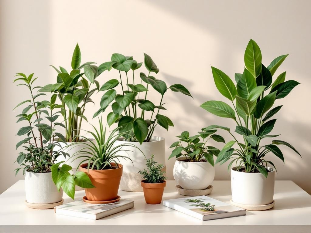 A collection of various indoor plants in different pots arranged on a table.
