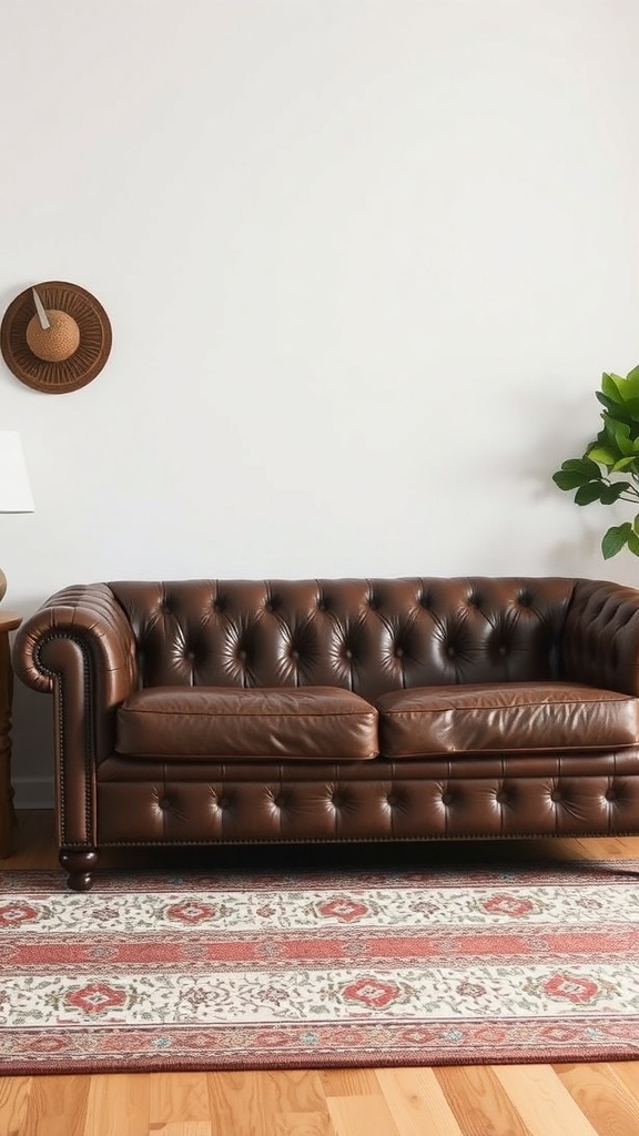 A brown leather couch paired with a patterned rug in a farmhouse living room.