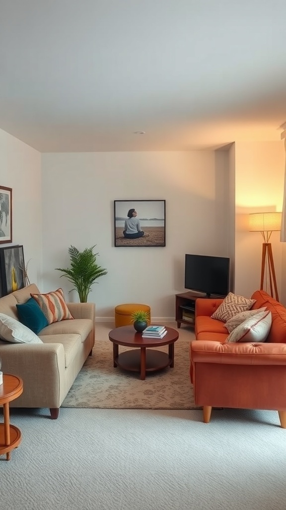 A cozy small living room with two sofas, a coffee table, and a plant.