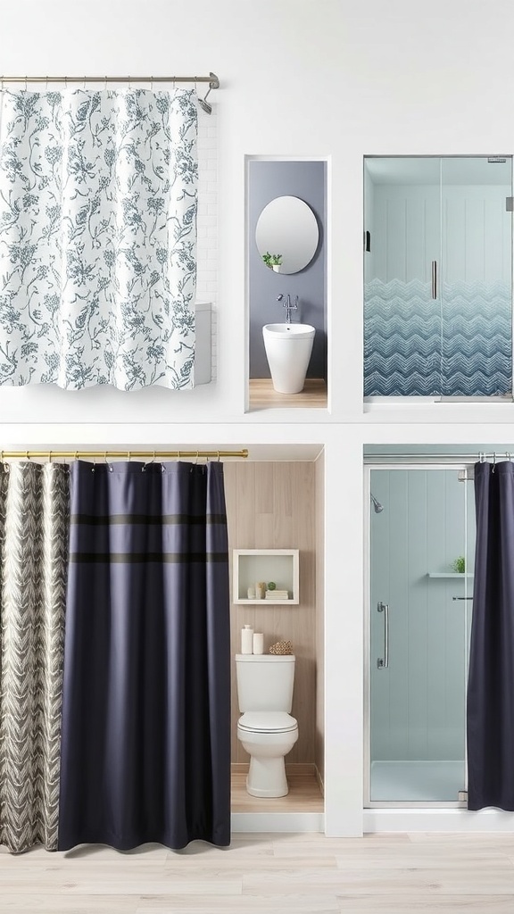 A selection of shower curtains and doors showcasing different styles and designs for a bathroom remodel.