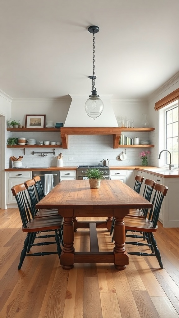 A farmhouse kitchen table with wooden chairs in a bright kitchen setting.