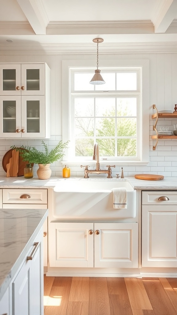 A bright farmhouse kitchen featuring a large white sink, wooden cabinets, and natural light.