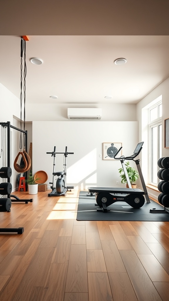 A bright home gym with various equipment including weights, a treadmill, and a rowing machine, featuring wooden floors and natural light.