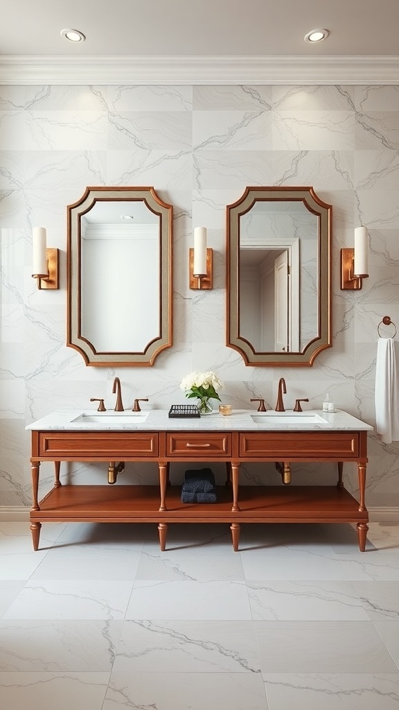 A stylish bathroom with a double vanity featuring a marble countertop, wooden base, and two mirrors with wall sconces.