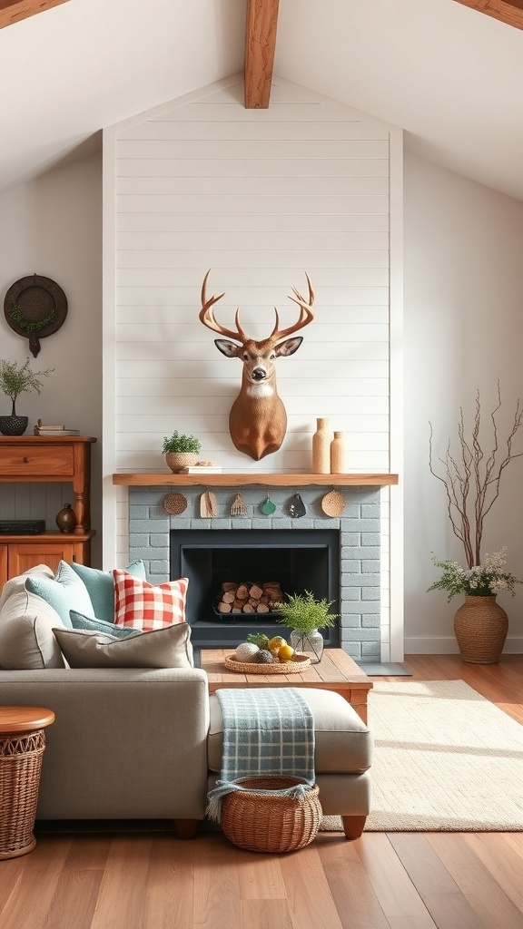 A deer mount displayed above a fireplace in a cozy living room farmhouse setting.