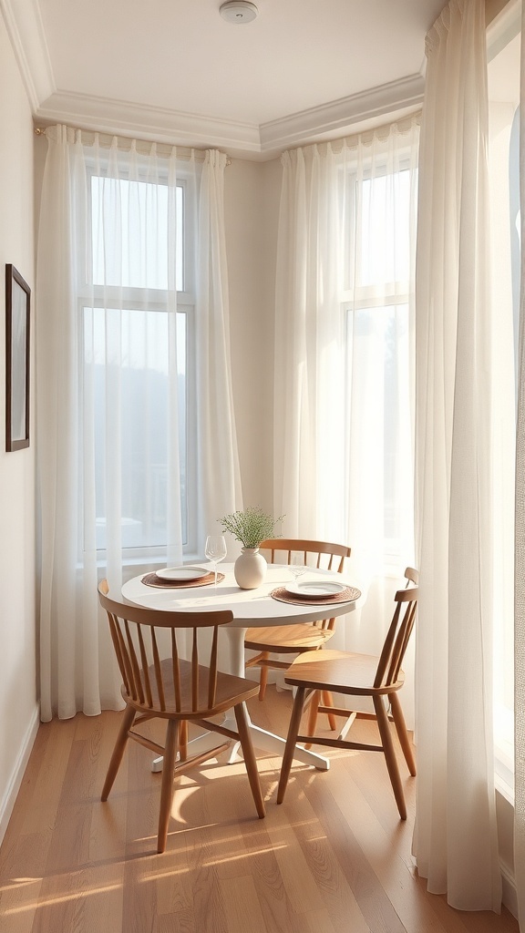 A small dining area with a round table and wooden chairs, featuring light sheer curtains.