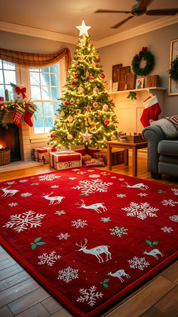 A cozy living room decorated for Christmas with a festive area rug, two Christmas trees, and holiday decorations.