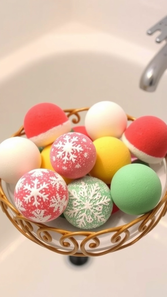 A collection of colorful Christmas-themed bath bombs in a decorative bowl.