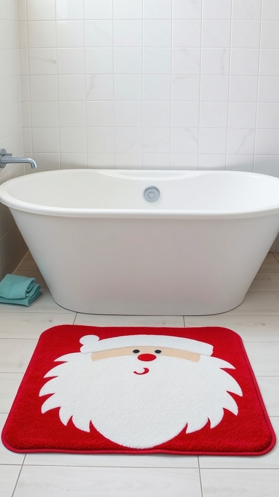 A Christmas-themed bath mat featuring a Santa face in front of a bathtub.